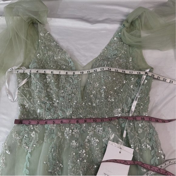 NWT $600 Mac Duggal Embellished Soft Tie Sleeveless V Neck Gown Sage Green SZ 12 - Picture 3 of 16